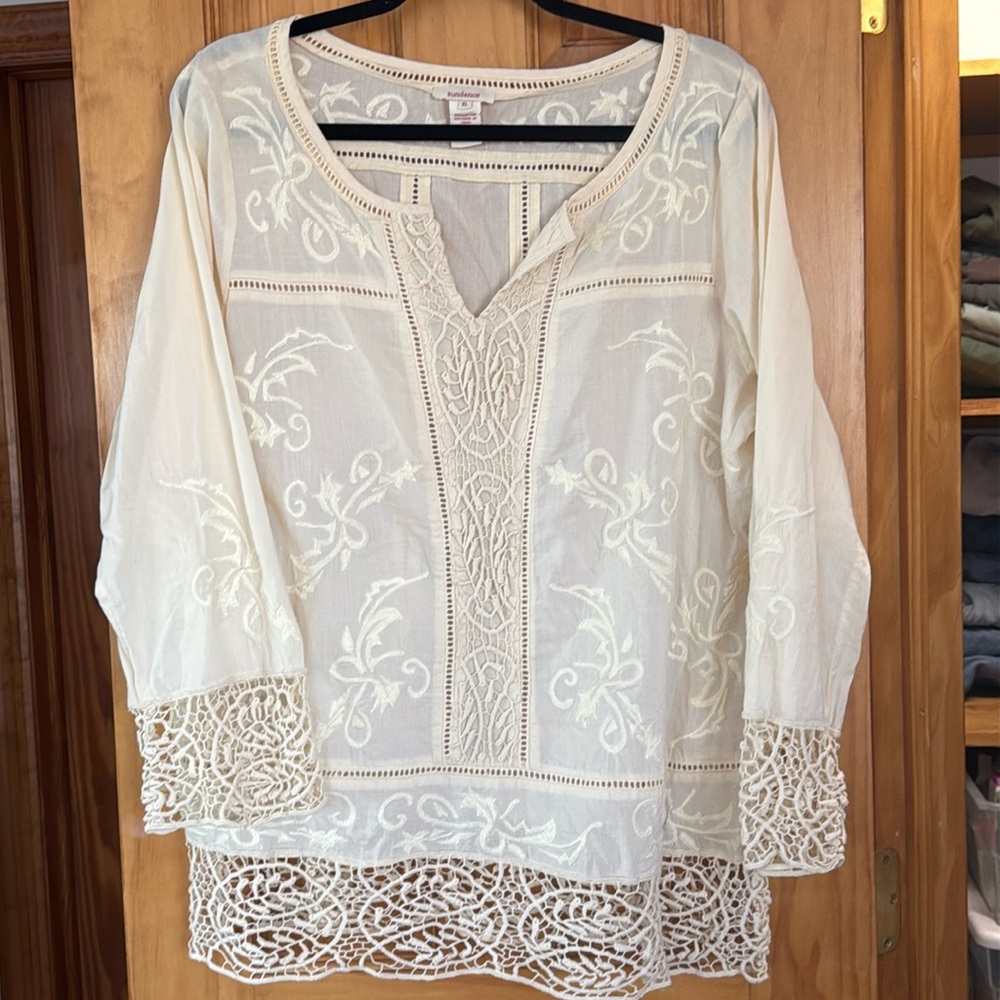 Sundance Catalog Ivory Crochet trim Tunic XL 12-14